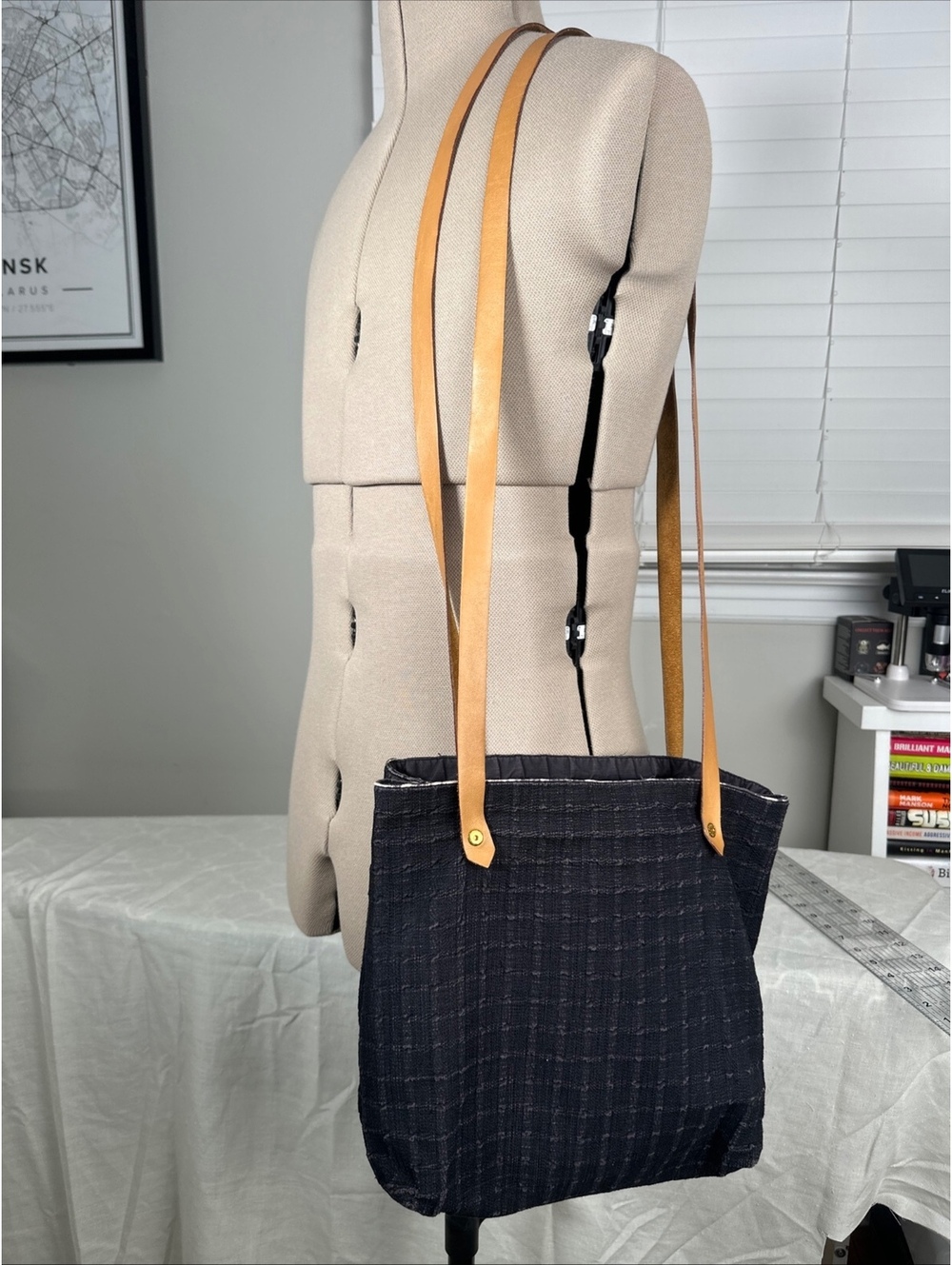 Hermes Ahmedabad Tote Bag Navy Woven Canvas Leather Straps